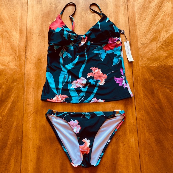 NWT Nanette Lepore Two PieceTankini Set Size 8 Black Floral - Picture 1 of 6